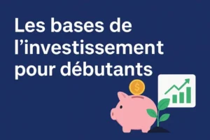 Les bases de l’investissement pour débutants – illustration moderne d’une tirelire, d’une plante et d’un graphique symbolisant la croissance financière et l’apprentissage de l’investissement