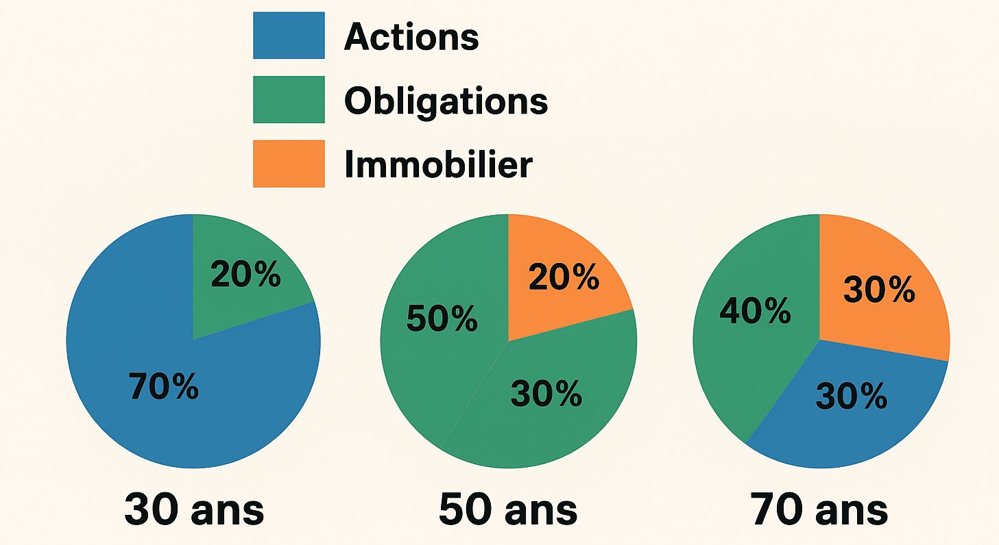 Allocation d'actifs recommandée selon l'âge : 70% actions à 30 ans, 30% actions à 70 ans