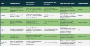 Tableau comparatif complet des bourses africaines 2024 : accès courtiers internationaux, inflation, opportunités sectorielles et niveau de risque pour Côte d'Ivoire, Sénégal, Maroc, Nigeria, Kenya et Afrique du Sud