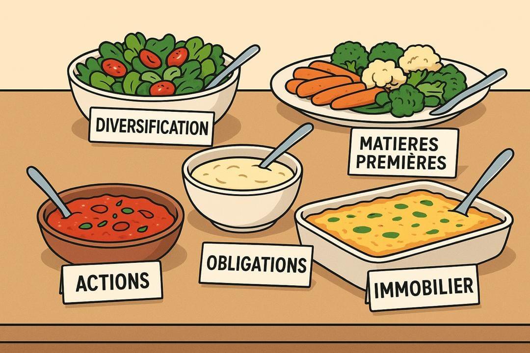 Illustration métaphorique d'un buffet représentant la diversification d'un portefeuille : actions, obligations, immobilier et matières premières