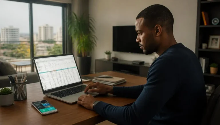 Jeune homme africain apprenant à maîtriser son budget sur son ordinateur depuis Abidjan