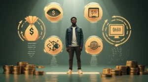 Illustration d’un jeune Africain entouré de sept symboles représentant les erreurs financières courantes qui empêchent de devenir riche.
