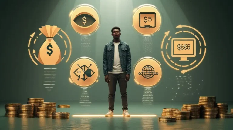 Illustration d’un jeune Africain entouré de sept symboles représentant les erreurs financières courantes qui empêchent de devenir riche.