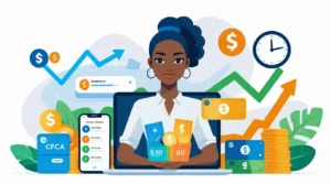 Homme confiant gérant son budget avec revenus irréguliers grâce au système des 3 comptes : compte dépenses fixes (bleu), dépenses variables (vert), réserve de lissage (orange), avec smartphone affichant les rentrées d'argent.