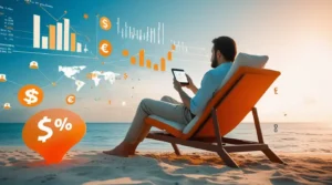 Entrepreneur observant son système de business invisible générer des revenus automatisés 24h/24 avec des graphiques de croissance et symboles d'automatisation
