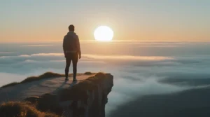 Personne observant un horizon lumineux au lever du soleil, symbolisant un nouveau départ et la possibilité de transformer sa vie en 90 jours.