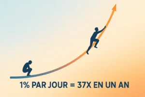 Graphique montrant la courbe de progression exponentielle avec deux personnages : l'un en progression constante et l'autre qui a abandonné - illustrant le pouvoir mathématique de la constance et du 1% quotidien qui mène à la réussite