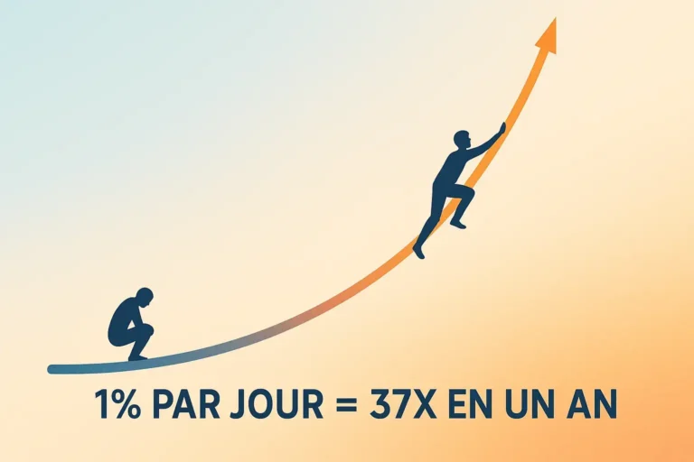Graphique montrant la courbe de progression exponentielle avec deux personnages : l'un en progression constante et l'autre qui a abandonné - illustrant le pouvoir mathématique de la constance et du 1% quotidien qui mène à la réussite