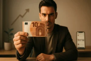 Entrepreneur débutant tenant un billet de 10 euros pour créer son premier business sans argent