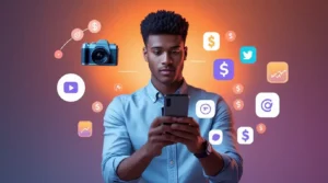 Jeune entrepreneur créant du contenu sur smartphone pour générer des revenus sans investissement