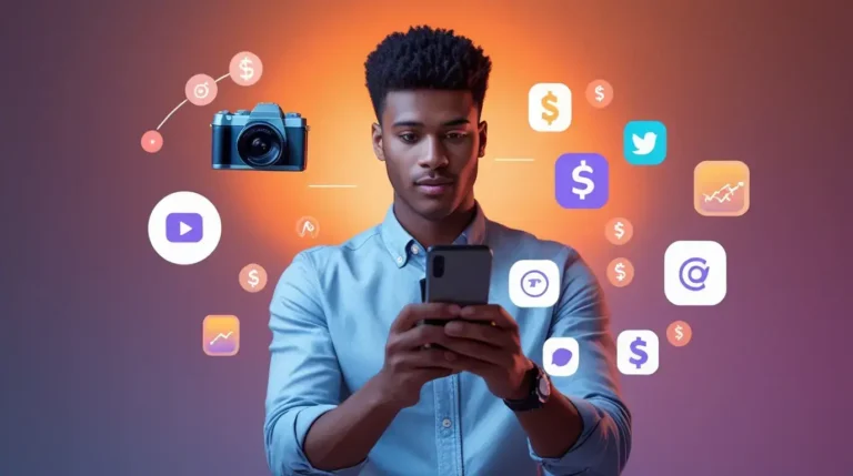 Jeune entrepreneur créant du contenu sur smartphone pour générer des revenus sans investissement