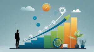Illustration d'une personne qui progresse sur une courbe exponentielle, symbolisant la patience et la persévérance dans le business en ligne