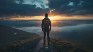 Entrepreneur contemplant la ville au crépuscule, symbole de réflexion et d'ambition face aux défis entrepreneuriaux