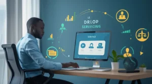 Entrepreneur en train de gérer des projets de drop servicing sur son ordinateur avec des symboles de graphisme, vidéo et rédaction