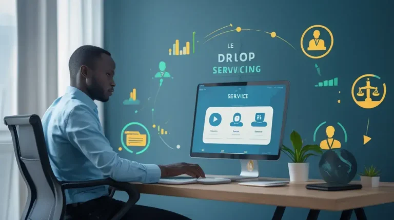 Entrepreneur en train de gérer des projets de drop servicing sur son ordinateur avec des symboles de graphisme, vidéo et rédaction