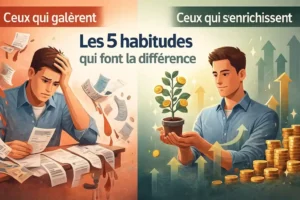 Comparaison visuelle des habitudes financières entre les personnes qui galèrent et celles qui s'enrichissent - Infographie Focus Millions