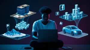 Entrepreneur face à son ordinateur entouré d'illusions holographiques d'argent et de succès qui s'estompent, symbolisant les fausses promesses du business en ligne et la réalité de l'entrepreneuriat digital