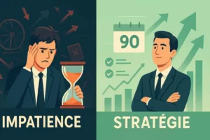 alt="Illustration contraste impatience vs stratégie : à gauche un entrepreneur frustré avec projets non terminés, à droite croissance progressive sur 90 jours"