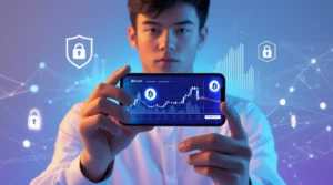 Guide complet pour débuter l'investissement en cryptomonnaie - Personne utilisant un smartphone pour investir en Bitcoin et Ethereum de manière sécurisée
