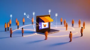 Illustration représentant la connexion entre une boutique e-commerce et ses clients, symbolisant l'acquisition et l'attraction de clients pour une boutique en ligne