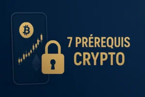 Guide visuel des 7 prérequis indispensables pour investir en cryptomonnaie pour débutants avec smartphone et symboles de sécurité