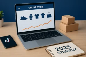 Bureau moderne avec ordinateur portable affichant boutique e-commerce et graphiques de ventes en hausse - dropshipping 2025