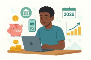 Étudiant gérant son épargne sur ordinateur avec icônes de produits bancaires et plans d'épargne 2026