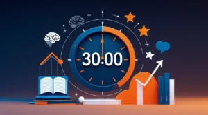 Illustration du système 30 minutes par jour avec horloge et symboles de progression pour apprendre efficacement