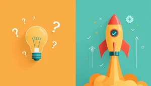 Illustration d'une ampoule se transformant en fusée symbolisant le passage de l'idée à l'exécution en business