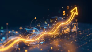 Visualisation des flux d'argent et opportunités d'investissement en 2026 avec symboles technologiques et financiers
