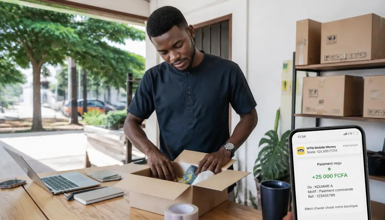 entrepreneur ivoirien préparant colis e-commerce paiement mobile money Abidjan