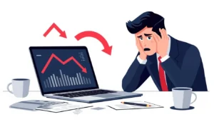 Investisseur inquiet devant graphique boursier en baisse illustrant les erreurs courantes qui font perdre 50% en bourse