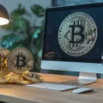 Graphique d'analyse Bitcoin 2026 sur écran avec pièces BTC dorées - guide investissement crypto