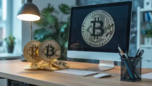 Graphique d'analyse Bitcoin 2026 sur écran avec pièces BTC dorées - guide investissement crypto