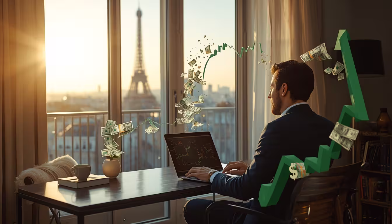 Entrepreneur français créant des revenus passifs depuis son ordinateur avec vue sur Paris
