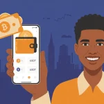 Acheter des cryptos avec Orange Money depuis l'Afrique - illustration d'un jeune africain sur son smartphone