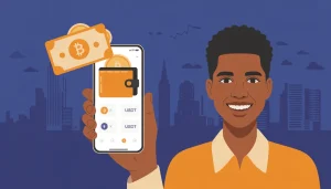 Acheter des cryptos avec Orange Money depuis l'Afrique - illustration d'un jeune africain sur son smartphone