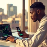 Jeune investisseur africain comparant les meilleures plateformes crypto sur son laptop et son smartphone depuis son appartement