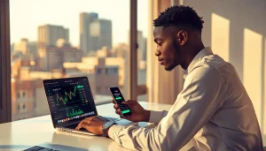 Jeune investisseur africain comparant les meilleures plateformes crypto sur son laptop et son smartphone depuis son appartement