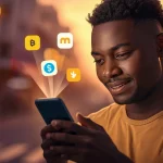Comparatif Wave Orange Money MTN Money mobile money Afrique 2026 — jeune homme regardant son téléphone avec les logos des trois services