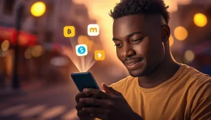 Comparatif Wave Orange Money MTN Money mobile money Afrique 2026 — jeune homme regardant son téléphone avec les logos des trois services