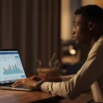 Jeune homme africain utilisant ChatGPT pour gérer ses finances personnelles sur son ordinateur portable