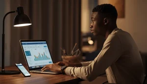 Jeune homme africain utilisant ChatGPT pour gérer ses finances personnelles sur son ordinateur portable