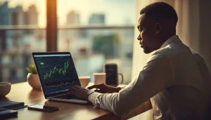 Jeune homme africain qui choisit son premier courtier en ligne depuis l'Afrique sur son ordinateur portable