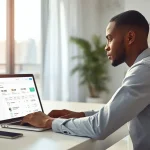 Jeune freelance africain créant son compte Fiverr depuis son ordinateur portable à Abidjan