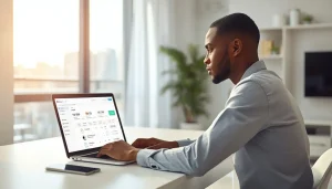 Jeune freelance africain créant son compte Fiverr depuis son ordinateur portable à Abidjan