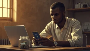 Jeune homme africain créant son fonds d'urgence avec un petit salaire grâce à son téléphone et son budget mensuel