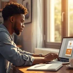 Jeune entrepreneur africain créant et vendant un ebook en PDF sans budget sur son ordinateur portable