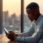 Jeune ivoirien envoyant de l'argent en Europe depuis la Côte d'Ivoire via son smartphone