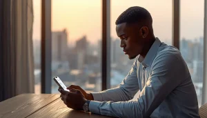 Jeune ivoirien envoyant de l'argent en Europe depuis la Côte d'Ivoire via son smartphone